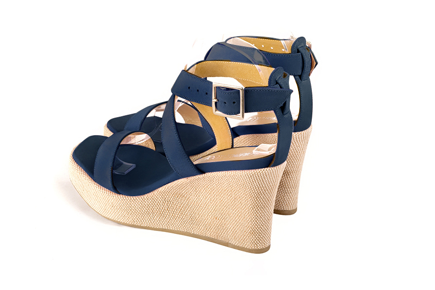 Dress sandals fully open cross straps in navy blue leather with  and  - Rear view